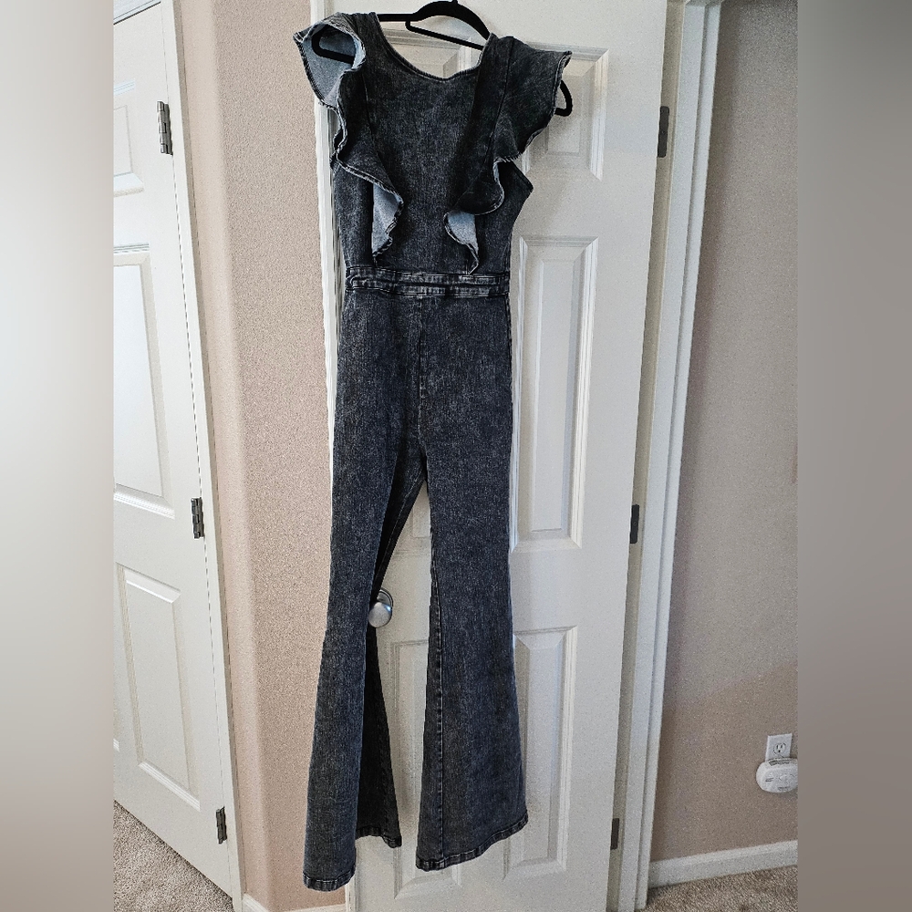 Women's Cavenders Western Black Jean Flare Wide Leg Jumpsuit